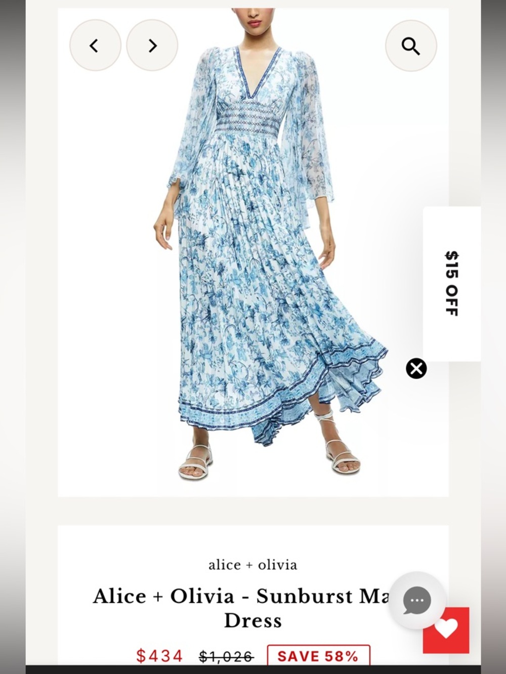 Alice + Olivia White and Light Blue Pleated Floral Maxi Dress